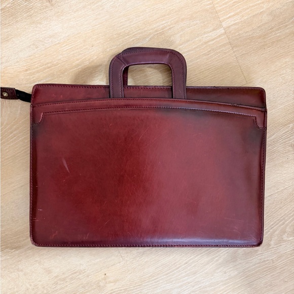 Vintage Burgundy Leather Briefcase Business Work Bag Suede Lined Drop Handles